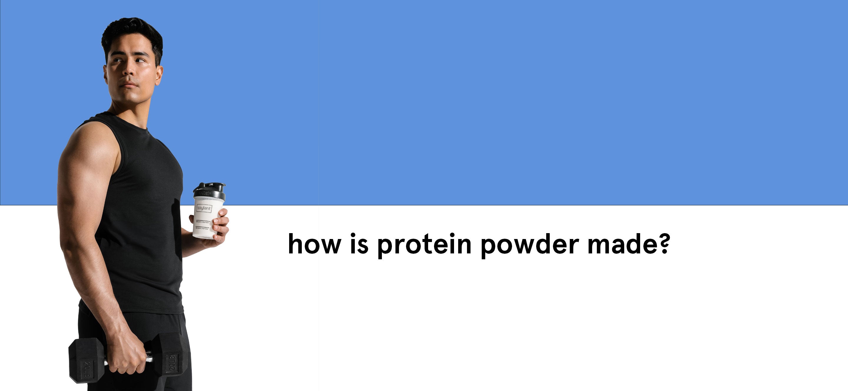 Man weightlifting holding Soylent complete protein vanilla shake.