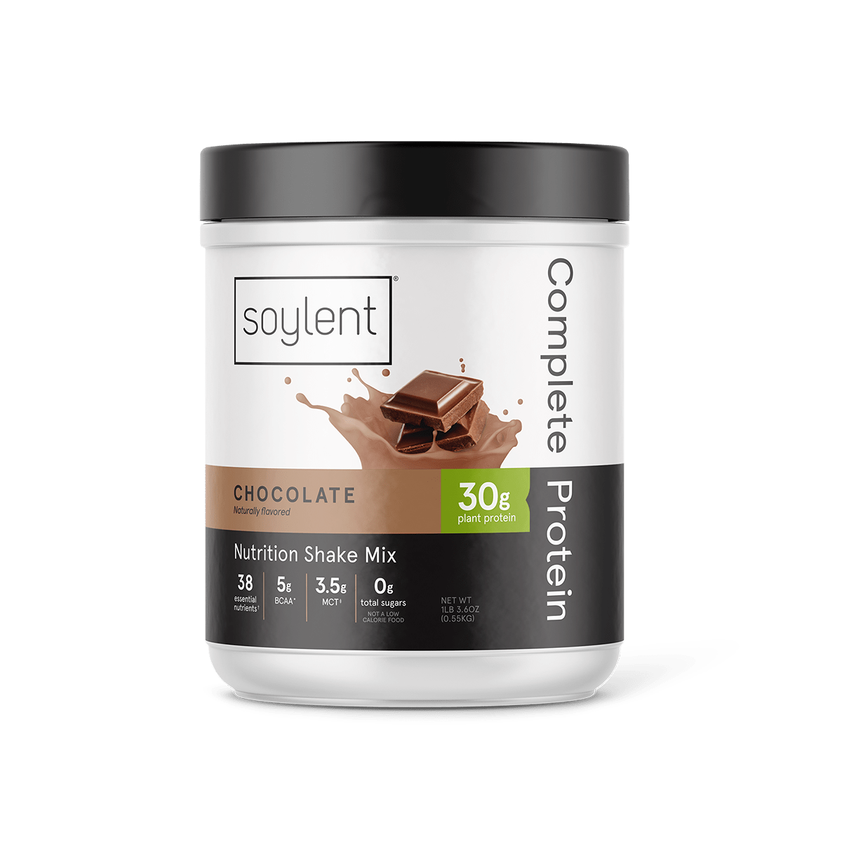 Chocolate Soylent Complete Protein Powder in a conveniently packaged tub.